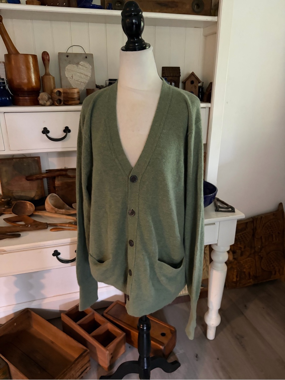 Lands’ End Men's Sage Green V-Neck Button Cardigan Sweater